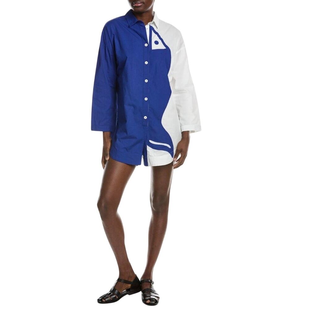 FARM Rio Blue White Graphic Colorblock Romper Playsuit Size L Button Front